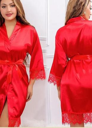 Домашний комплект атласный халат + трусики красный. сексуальный халат