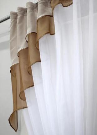 Кухонні шторки (280х170см) тюль і ламбрекен. колір коричневий з білим5 фото