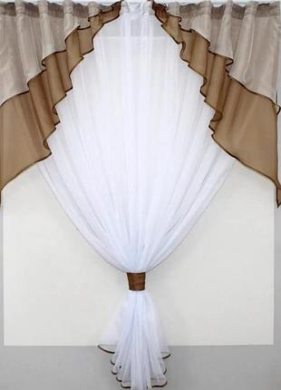 Кухонні шторки (280х170см) тюль і ламбрекен. колір коричневий з білим