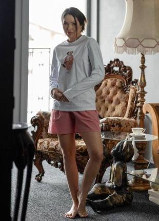 Милая женская пижама teddy из ткани вискоза хлопок цвет розовый комплект двойка кофта и шорты для сна