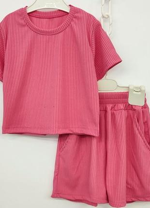 Костюм літній для дівчинки , футболка і шорти, рубчик мустанг, від 110-116 см до 152-158 см