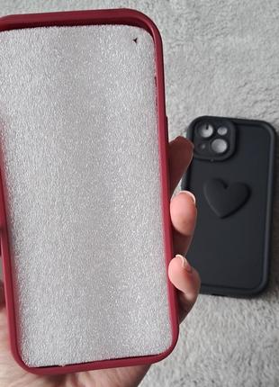 Силиконовый 3д чехол-накладка на телефон. противоударный чехол на iphone case 13 pro, 14 pro max, 15, бордовый матовый чехол с сердечком 3d7 фото
