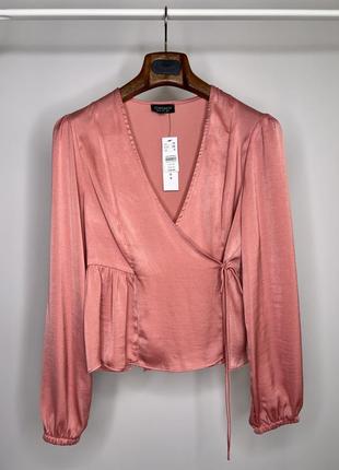 Атласная блузка на запах с длинным рукавом кораллового цвета topshop🔥1 фото