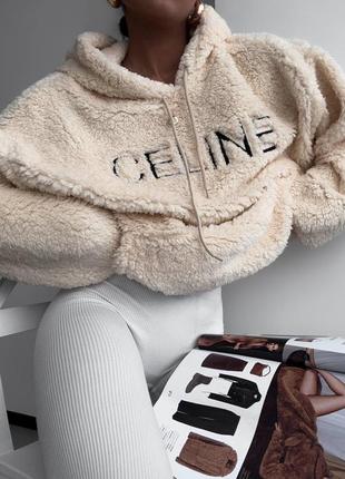 Стильна тепленька худі в стилі celine хутряна плюшева тедді оверсайз з вишивкою