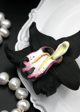 Черная заколка для волос цветок из полимерной глины "чёрная орхидея"(1шт). подарок девушке, женщине
