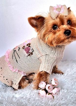 Вязаний светр пляття з вишивкою для собаки, кішки8 фото