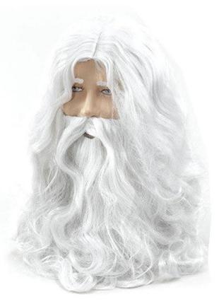 Біла перука ісуса або діда мороза з бородою та вусами, хвилясте волосся, косплей, аніме. санта клаус1 фото
