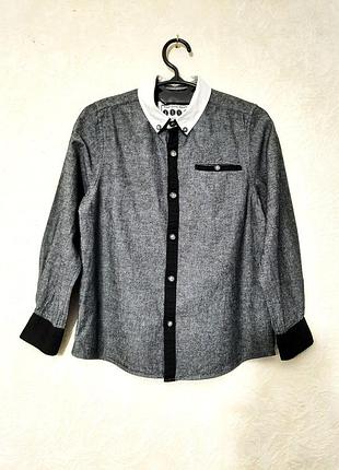 Детская рубашка серая с чёрно-белыми деталями длинные рукава хлопок на мальчика 6-7лет