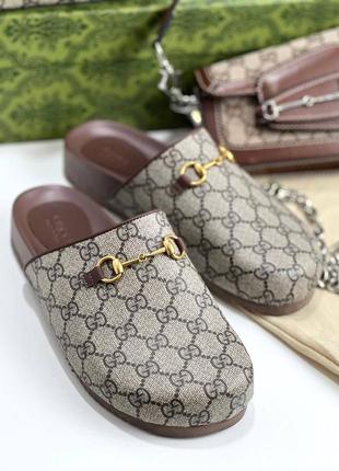 Тапочки бежевые канва кожа брендовые в стиле гучи