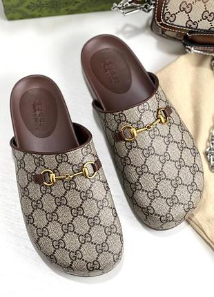 Тапочки бежевые канва кожа брендовые в стиле гучи