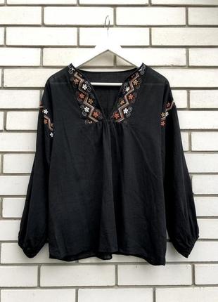 Черная блуза с вышивкой, рубашка в этно стиле, вышиванка, хлопок st.michael