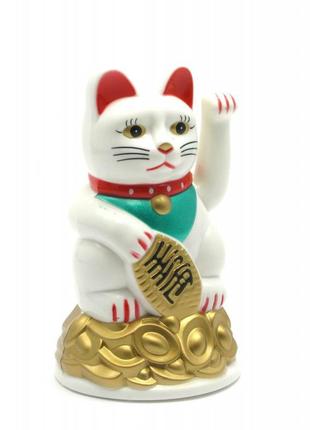 Кошка манэки-нэко машущая лапой белая (11х7х7 см)(батарейки в комплект не входят)1 фото