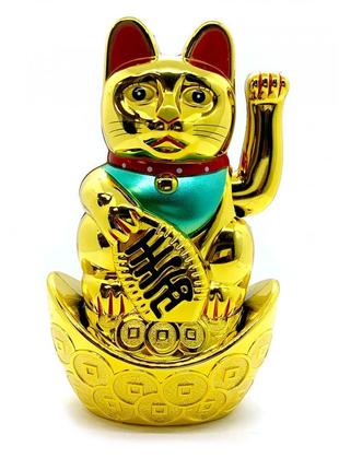 Кошка манэки-нэко машущая лапой на чаше богатства(180х110х70 мм)