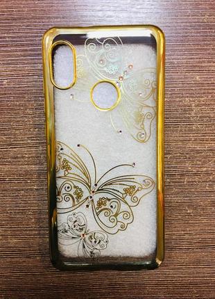 Силіконовий чохол на телефон xiaomi note 5 pro золотистого кольору з малюнком метелика1 фото