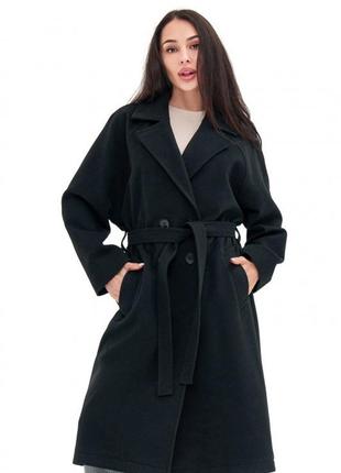 Пальто женское демисезонное, кашемировое, шерстное, однотонное, черное