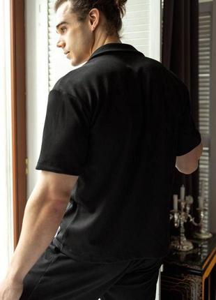Пижамный комплект двойка рубашка с коротким рукавом и шорты ткань вафельный трикотаж черная мужская пижама4 фото
