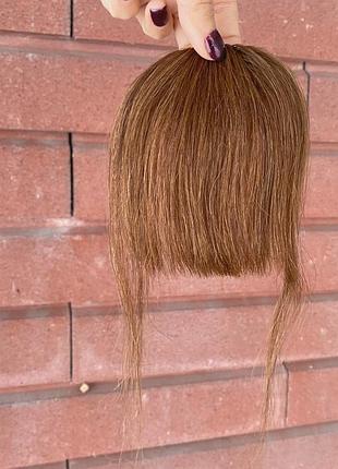 Челка накладная светло-коричневая прямая на заколке из натуральных волос