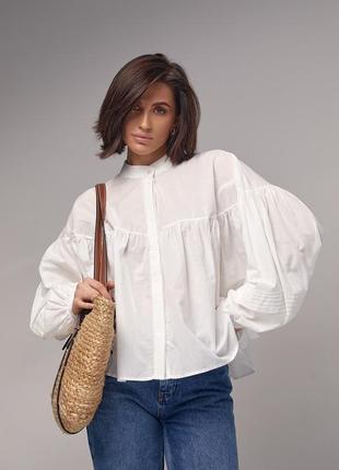 Хлопковая блузка с широкими рукавами на завязках - молочный цвет, l (есть размеры)7 фото