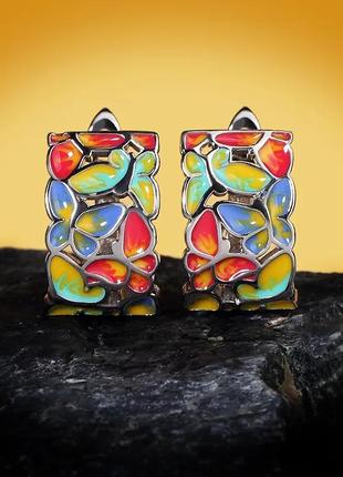 Серьги яркие стринговое серебро эмаль