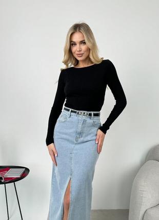 Длинная прямая джинсовая юбка с поясом3 фото