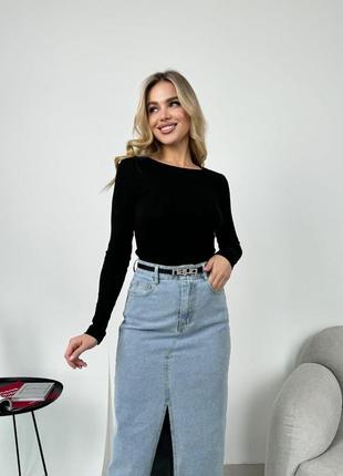 Длинная прямая джинсовая юбка с поясом8 фото