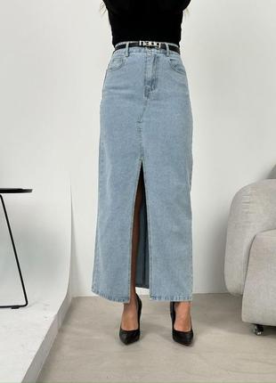 Длинная прямая джинсовая юбка с поясом2 фото