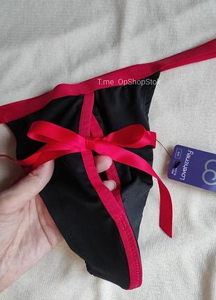 Мужские трусы стринги черные с красной резинкой и бантом открыты с доступом эрлтические