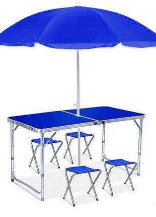 Стіл розкладний для пікніка та риболовлі з регульованою висотою 4 стільця, + парасоля 170 см синій2 фото