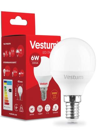 Світлодіодна лампа vestum g45 6w 3000k 220v e14 1-vs-12041 фото