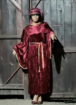 Платье бархатное в этно восточном стиле расклешенные рукава длинное с вуалью3 фото
