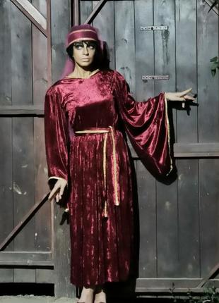Платье бархатное в этно восточном стиле расклешенные рукава длинное с вуалью4 фото