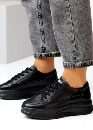 Черные кроссовки, кеды из натуральной кожи на платформе в наличии6 фото