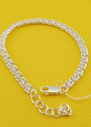 Серебряный женский браслет с камнями цирконий плетение арабский бисмарк серебро 925 пробы. размер 16-18 см