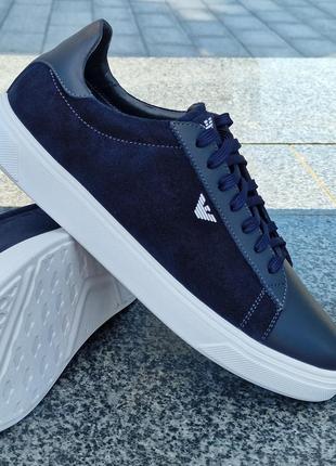 100% натуральна замша!! чоловічі базові сині кросівки/кеди на білій підошві в стилі emporio armani!!