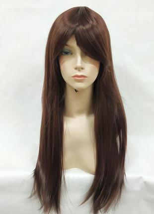 Перука жіноча коричнева шоколадна каштанова пряма з чубчиком 70см з термоволокна