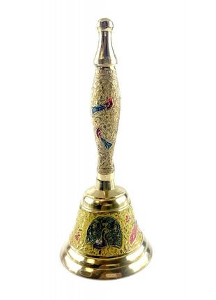 Дзвіночок з ручкою з малюнком бронзовий "павліни на жовтому тлі" (18х7,6 см)
