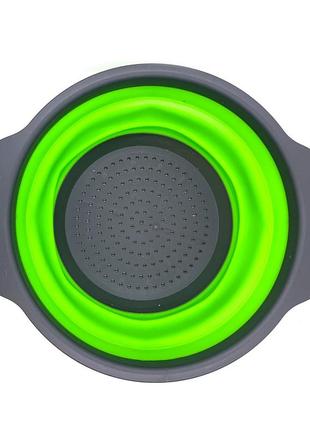 Дуршлаг силиконовый складной с ручками круглый зеленый (300х240х175 мм.)2 фото