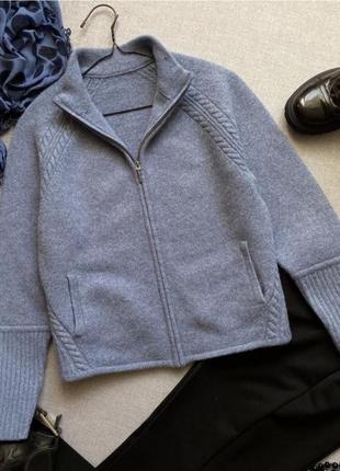 Тепла вовняна кофта, кардиган, светр, на блискавці, з кишенями, блакитна, шерсть,3 фото