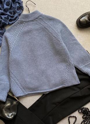 Тепла вовняна кофта, кардиган, светр, на блискавці, з кишенями, блакитна, шерсть,4 фото