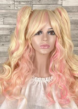 Парик блонд с розовым с двумя хвостами лолита 65см длинный волнистый женский искусственный