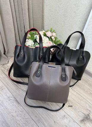 Женская стильная и качественная сумка из искусственной кожи на 3 отдела черная с красным8 фото