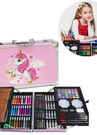 Детский набор для рисования и творчества в двухъярусном чемоданчике единорог 145 предметов розовый