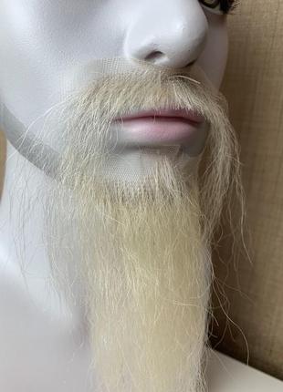 Борода и усы реалистичные белые — накладка на сетке седого цвета постиж, седая борода старика, деда мороза3 фото