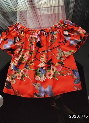 💐🌈👍шикарна яскрава блуза з відкритими плечима з рюшою🌈👍💐