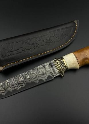 Нож ручной работы из дамасской стали «добытчик #4» с кожанными ножнами, 60 hrc.