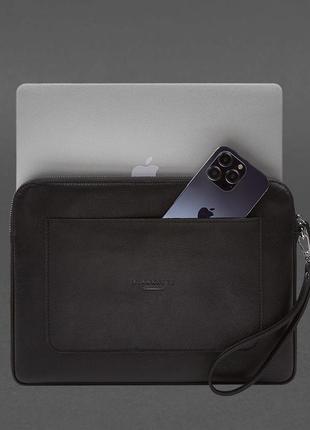 Шкіряний чохол для ноутбука на блискавці з кишенею та хлястиком на руку чорний2 фото