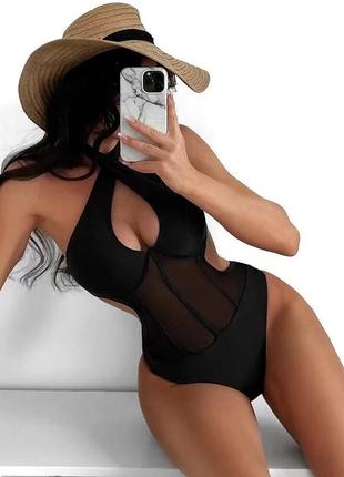 Чорний суцільний купальник на кісточках  l,xl