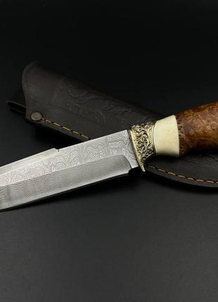 Нож ручной работы из дамасской стали «добытчик #1» с кожанными ножнами, 60 hrc