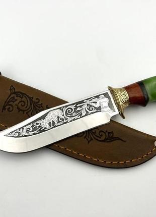 Нож ручной работы для охоты и рыбалки туристический «охотник #6» с кожаными ножнами нескладной 95х18/58 hrc