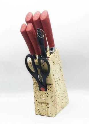 Набор ножей rainberg rb-8806 на 8 предметов с ножницами и подставкой из нержавеющей стали. цвет: красный2 фото